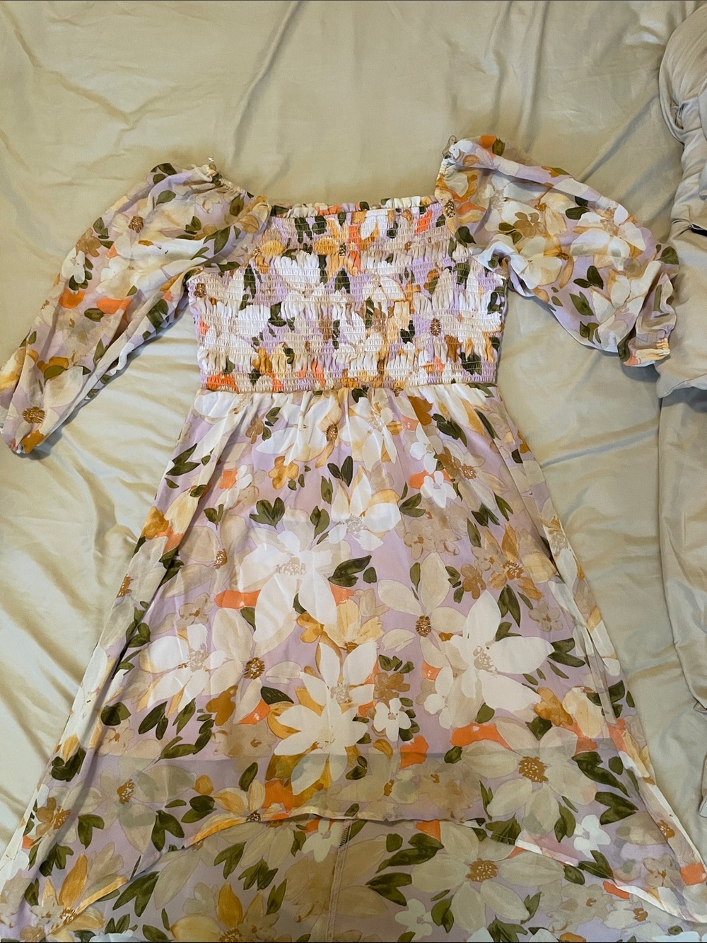 Luxology High-Low Lavender Floral Smocked Dress with Puff Sleeves